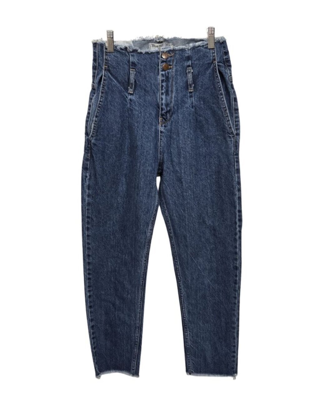 High Rise Tapered Mom Jeans Size 8 Cropped Raw Waist Frayed Hem Distressed